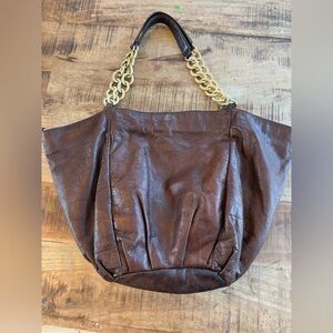 Linea Pelle Dark Brown Leather Shoulder Handbag w/ Gold Chain Strap